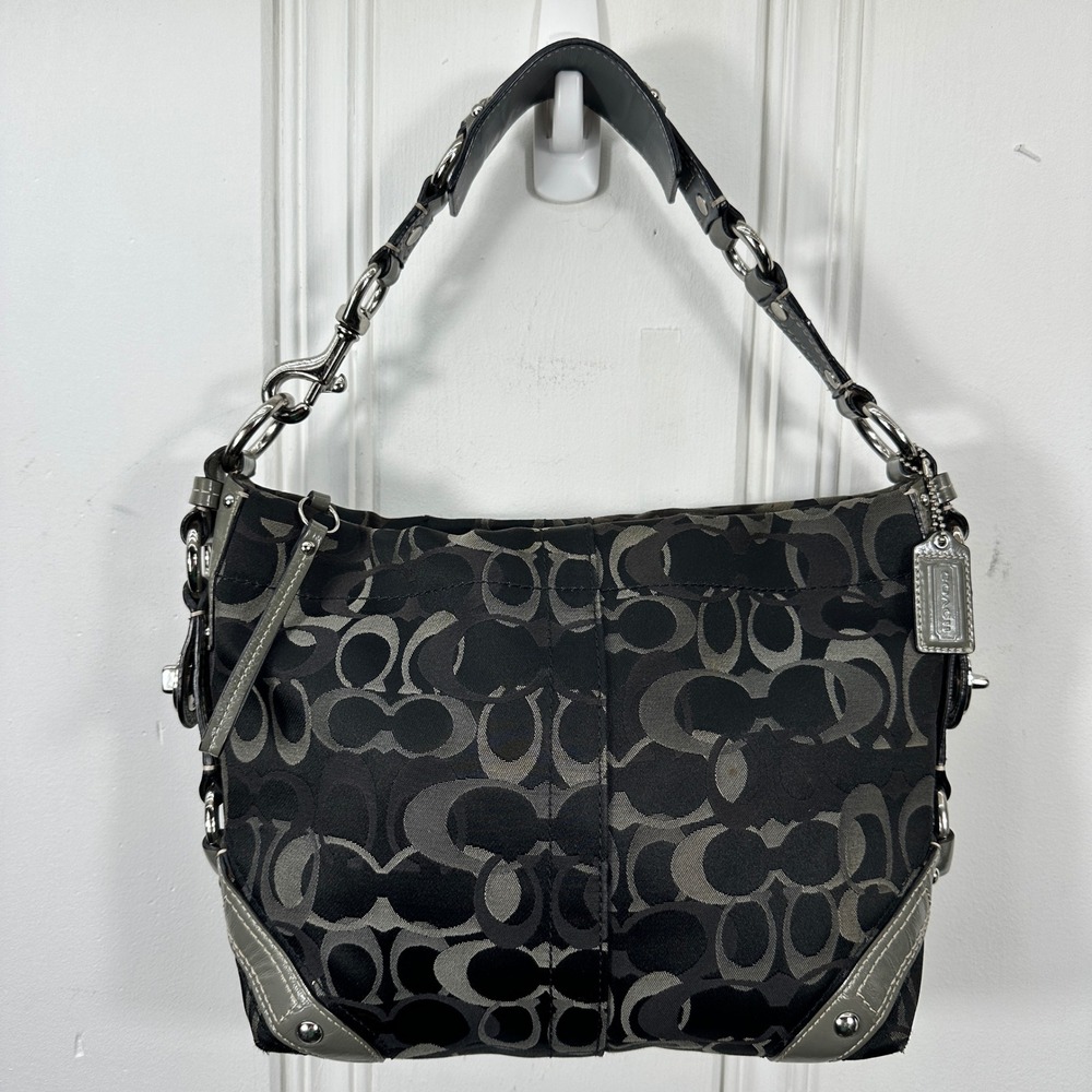Vintage Y2K Coach Carly Signature Hobo Bag 10245 Black Gray Jacquard 2006